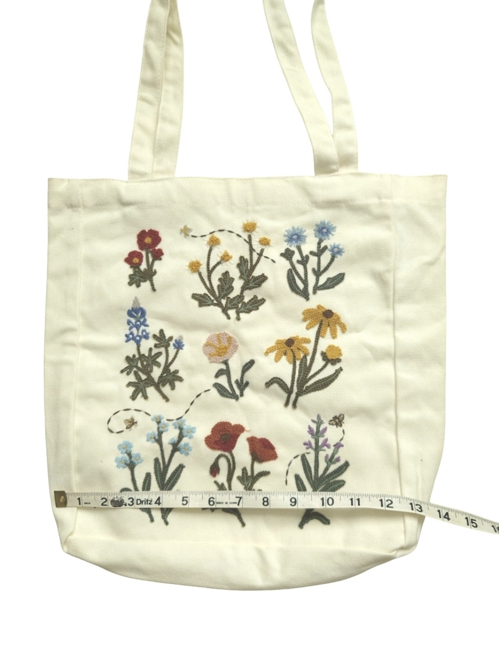 Canvas Embroidered Wildflower Floral Tote Bag Cream New - Picture 3 of 7